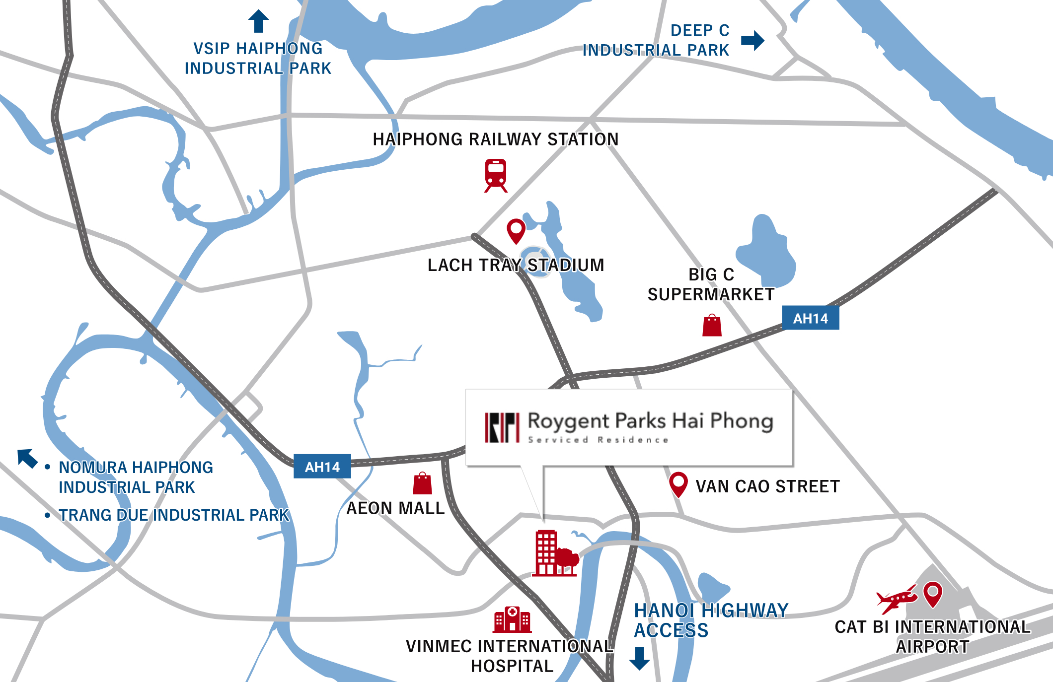 LOCATION-Nearby Cat Bi International Airport and highway entrance. <br>This is a good area, convenient commute to Industrial Parks and easy access to Van Cao Street with a diversity of Japanese restaurants and shops. <br>There are international hospitals and international schools nearby. <br>This location is expected to be a new strategy center of the city. -Roygent Parks Hai Phong